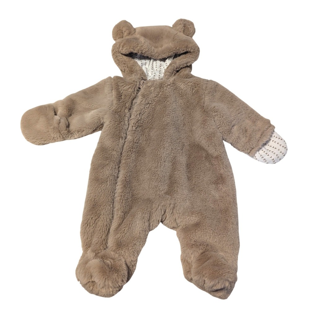 First Wish Baby Bear Faux Fur Bunting Suit Taupe Brown 0-3M Hooded Pram Snowsuit